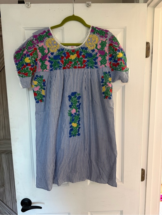 Buddy Love Dresses & Skirts - Buddy Love Blue-Striped mini dress with Multicolor Floral Embroidery